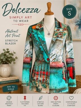 Dolcezza Simply Art to Wear Abstract Print Stretch Blazer Jacket Women’s Small